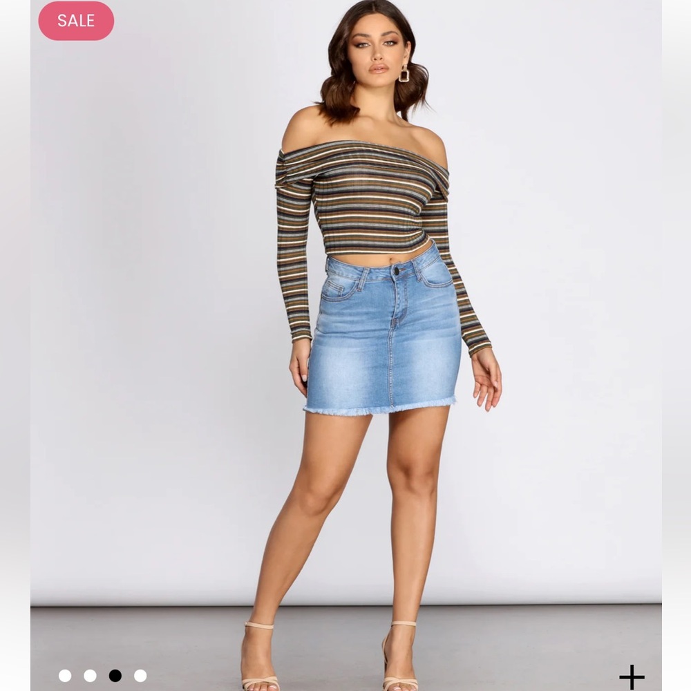 Striped Off-Shoulder Top and Denim Skirt